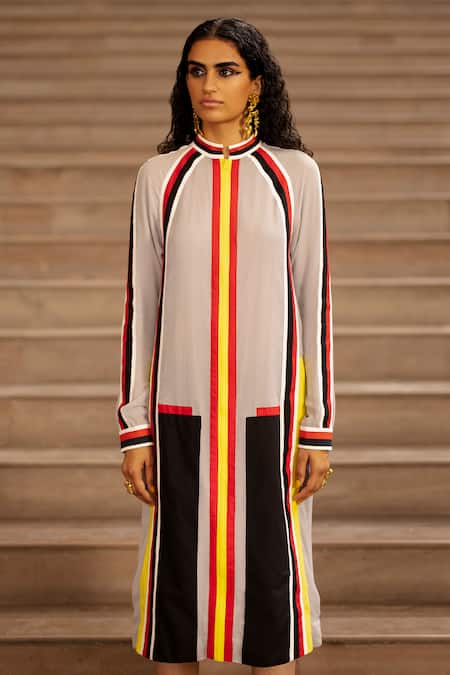 Buy AK-OK Grey Silk Turtle Neck Striped Longline Jacket Online at Aza Fashions Buy_AK-OK_Grey Silk Turtle Neck Striped Longline Jacket _Online_at_Aza_Fashions