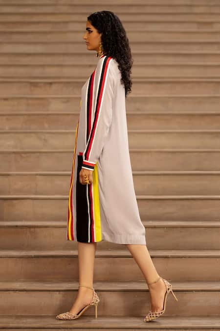 AK-OK Grey Silk Turtle Neck Striped Longline Jacket at Aza Fashions AK-OK_Grey Silk Turtle Neck Striped Longline Jacket _at_Aza_Fashions