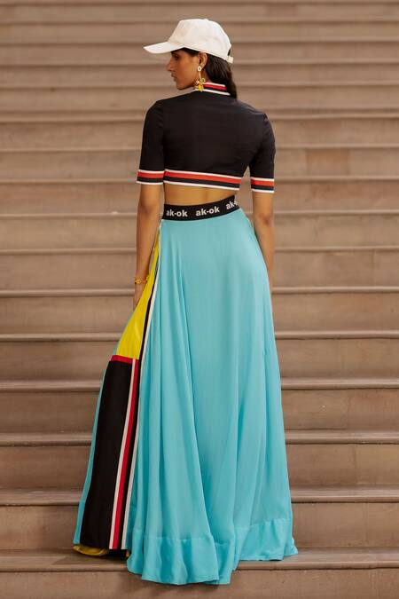 Shop_AK-OK_Blue Silk Turtle Striped Skirt And Crop Top Set  _at_Aza_Fashions