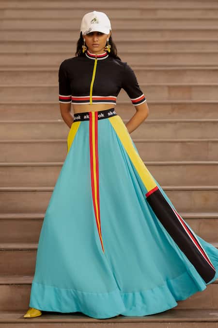 AK-OK_Blue Silk Turtle Striped Skirt And Crop Top Set  _Online_at_Aza_Fashions
