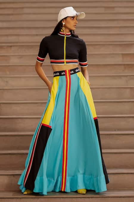Buy_AK-OK_Blue Silk Turtle Striped Skirt And Crop Top Set  _Online_at_Aza_Fashions
