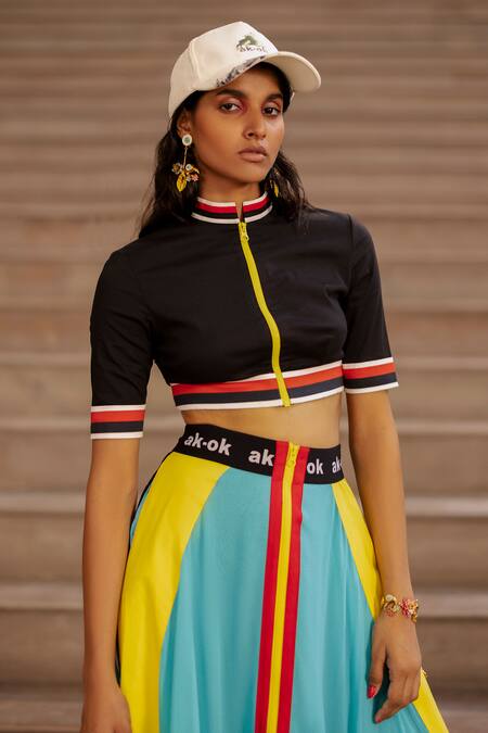 Shop_AK-OK_Blue Silk Turtle Striped Skirt And Crop Top Set  _Online_at_Aza_Fashions