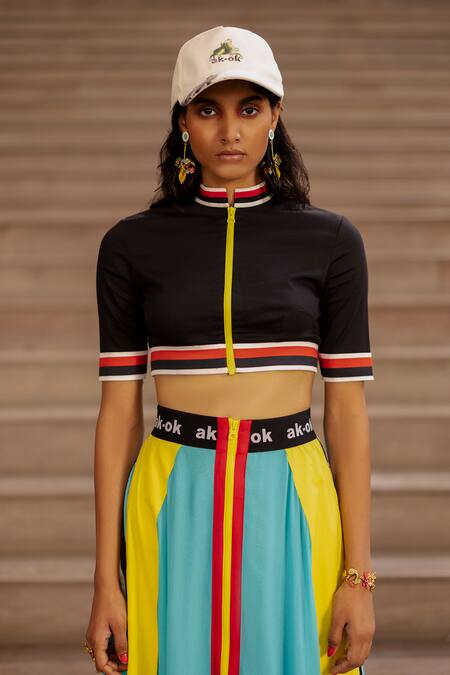 AK-OK_Blue Silk Turtle Striped Skirt And Crop Top Set  _at_Aza_Fashions