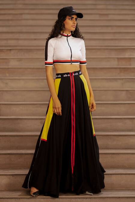 AK-OK_Black Silk Piping, Patchwork Open Neck Panelled Crop Top With Skirt _Online_at_Aza_Fashions