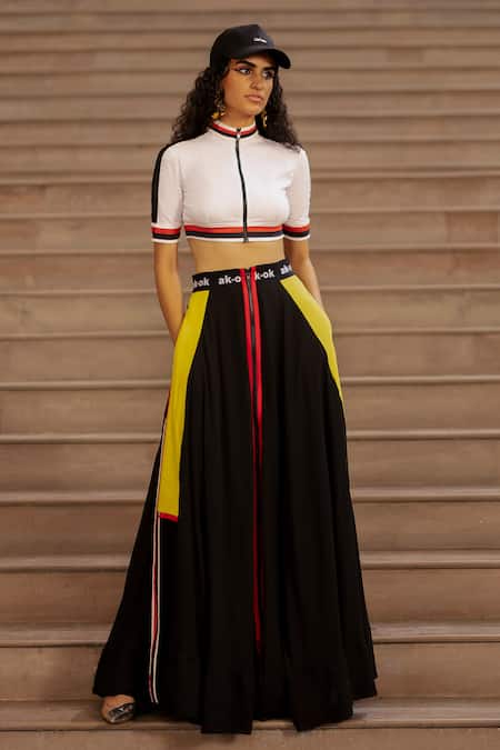 Buy_AK-OK_Black Silk Piping, Patchwork Open Neck Panelled Crop Top With Skirt _Online_at_Aza_Fashions