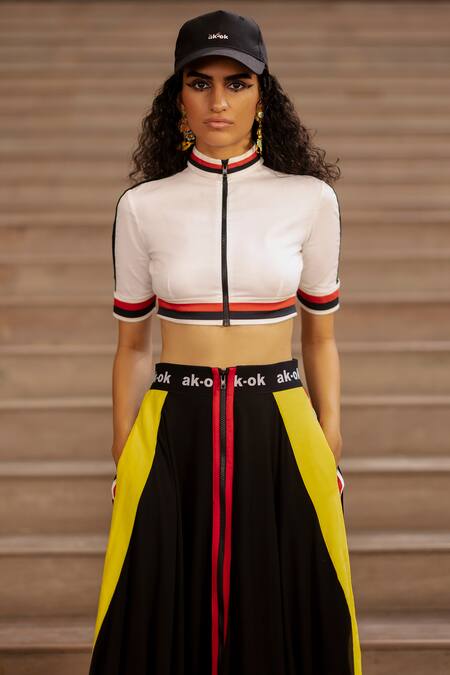 Shop_AK-OK_Black Silk Piping, Patchwork Open Neck Panelled Crop Top With Skirt _Online_at_Aza_Fashions