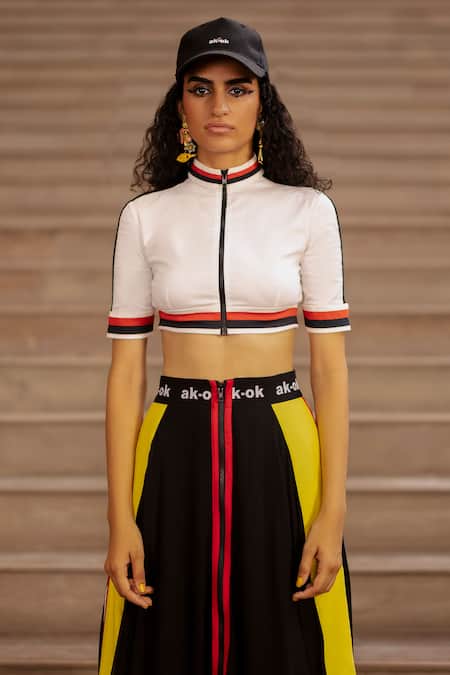 AK-OK_Black Silk Piping, Patchwork Open Neck Panelled Crop Top With Skirt _at_Aza_Fashions