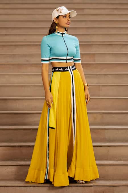 AK-OK Yellow Silk Patchwork Contrast Pattern Crop Top With Skirt Online at Aza Fashions AK-OK_Yellow Silk Patchwork Contrast Pattern Crop Top With Skirt _Online_at_Aza_Fashions