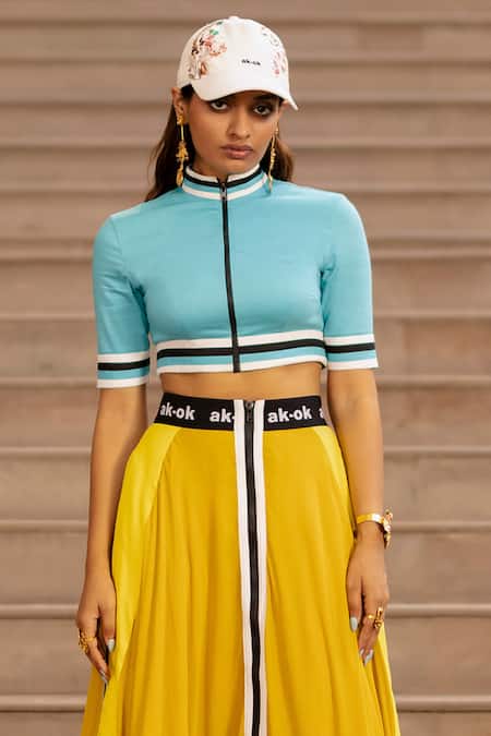 Buy AK-OK Yellow Silk Patchwork Contrast Pattern Crop Top With Skirt Online at Aza Fashions Buy_AK-OK_Yellow Silk Patchwork Contrast Pattern Crop Top With Skirt _Online_at_Aza_Fashions
