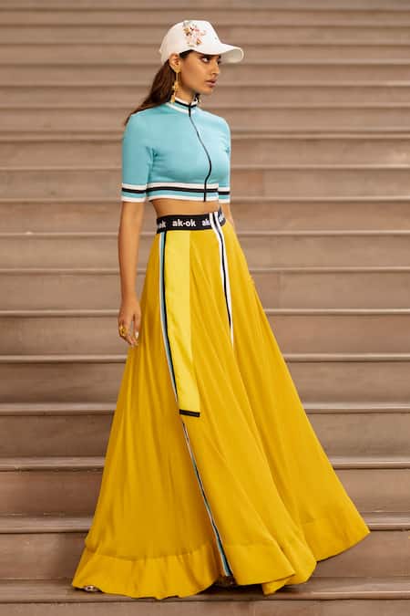 Shop AK-OK Yellow Silk Patchwork Contrast Pattern Crop Top With Skirt Online at Aza Fashions Shop_AK-OK_Yellow Silk Patchwork Contrast Pattern Crop Top With Skirt _Online_at_Aza_Fashions
