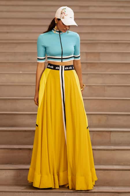 AK-OK Yellow Silk Patchwork Contrast Pattern Crop Top With Skirt at Aza Fashions AK-OK_Yellow Silk Patchwork Contrast Pattern Crop Top With Skirt _at_Aza_Fashions