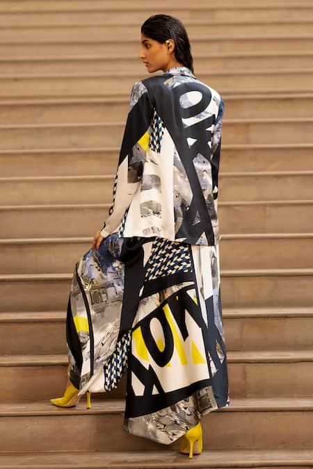 Shop AK-OK Blue Silk Round Neck, Collared Script Print Blazer Skirt Set at Aza Fashions Shop_AK-OK_Blue Silk Round Neck, Collared Script Print Blazer Skirt Set _at_Aza_Fashions
