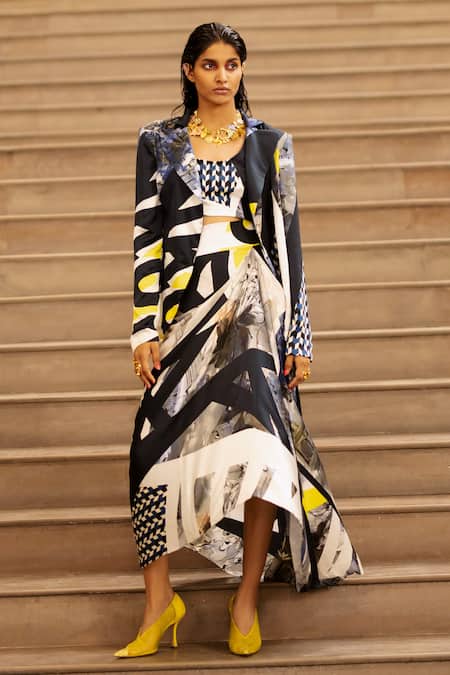 AK-OK Blue Silk Round Neck, Collared Script Print Blazer Skirt Set Online at Aza Fashions AK-OK_Blue Silk Round Neck, Collared Script Print Blazer Skirt Set _Online_at_Aza_Fashions