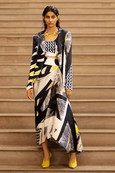 Buy AK-OK Blue Silk Round Neck, Collared Script Print Blazer Skirt Set Online at Aza Fashions Buy_AK-OK_Blue Silk Round Neck, Collared Script Print Blazer Skirt Set _Online_at_Aza_Fashions