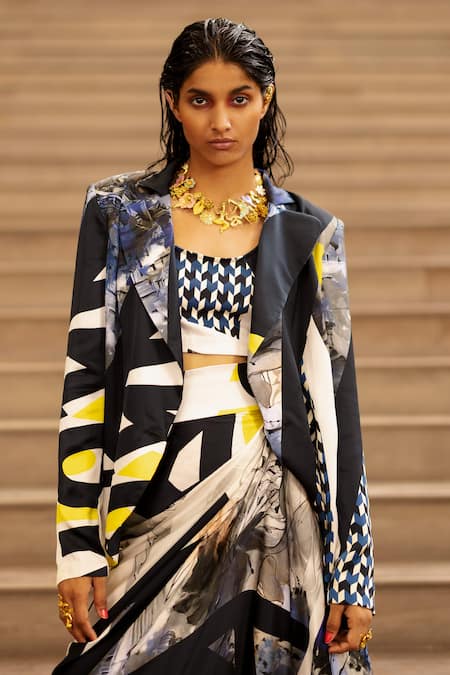 Shop AK-OK Blue Silk Round Neck, Collared Script Print Blazer Skirt Set Online at Aza Fashions Shop_AK-OK_Blue Silk Round Neck, Collared Script Print Blazer Skirt Set _Online_at_Aza_Fashions