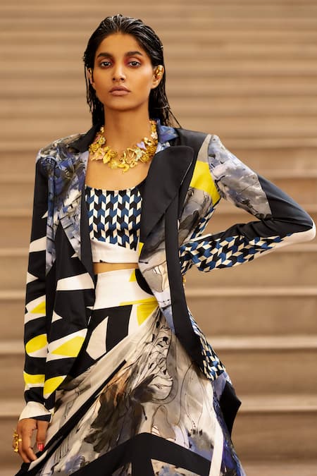 AK-OK Blue Silk Round Neck, Collared Script Print Blazer Skirt Set at Aza Fashions AK-OK_Blue Silk Round Neck, Collared Script Print Blazer Skirt Set _at_Aza_Fashions