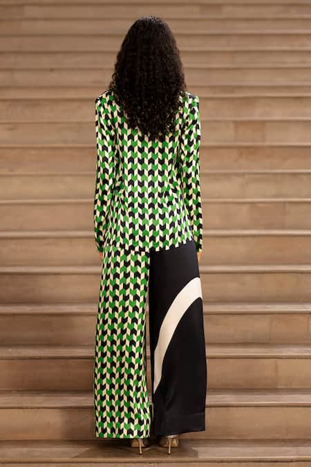 Shop AK-OK Green Silk Round Neck Chevron Print Blazer Trouser Set at Aza Fashions Shop_AK-OK_Green Silk Round Neck Chevron Print Blazer Trouser Set _at_Aza_Fashions