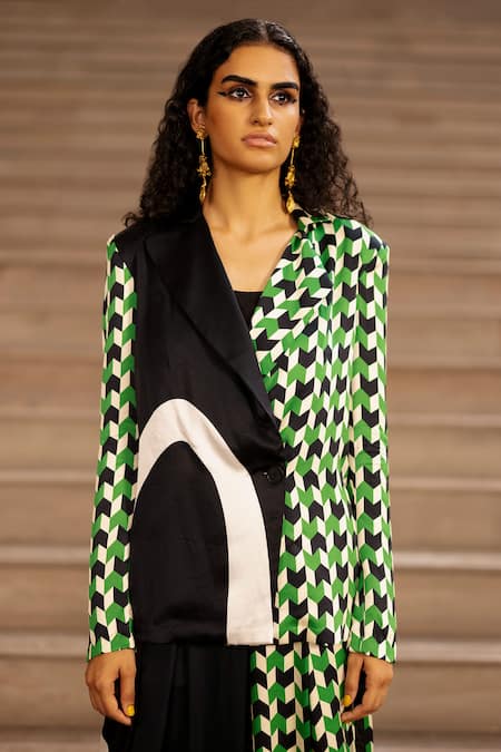 Buy AK-OK Green Silk Round Neck Chevron Print Blazer Trouser Set Online at Aza Fashions Buy_AK-OK_Green Silk Round Neck Chevron Print Blazer Trouser Set _Online_at_Aza_Fashions