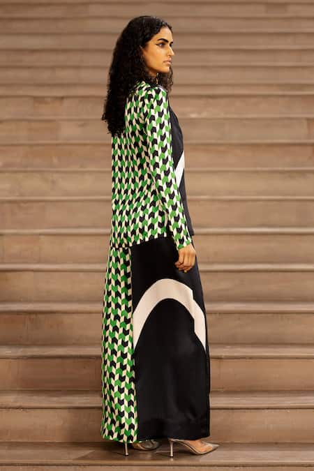 Shop AK-OK Green Silk Round Neck Chevron Print Blazer Trouser Set Online at Aza Fashions Shop_AK-OK_Green Silk Round Neck Chevron Print Blazer Trouser Set _Online_at_Aza_Fashions