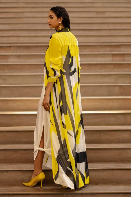 Shop AK-OK Cream Silk Collared Abstract Print Slip Dress With Jacket at Aza Fashions Shop_AK-OK_Cream Silk Collared Abstract Print Slip Dress With Jacket _at_Aza_Fashions