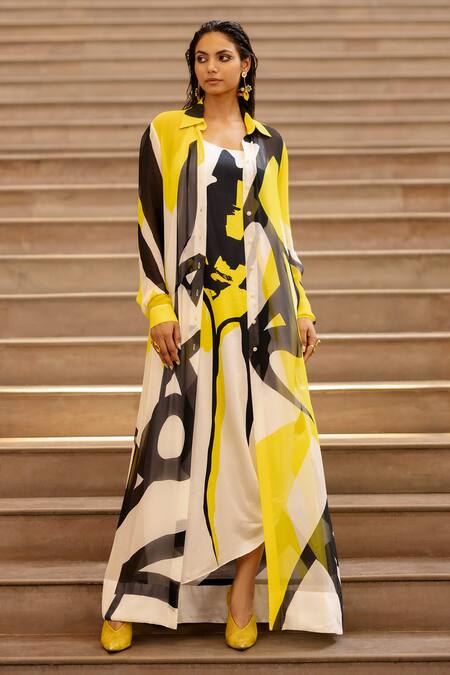 AK-OK Cream Silk Collared Abstract Print Slip Dress With Jacket Online at Aza Fashions AK-OK_Cream Silk Collared Abstract Print Slip Dress With Jacket _Online_at_Aza_Fashions