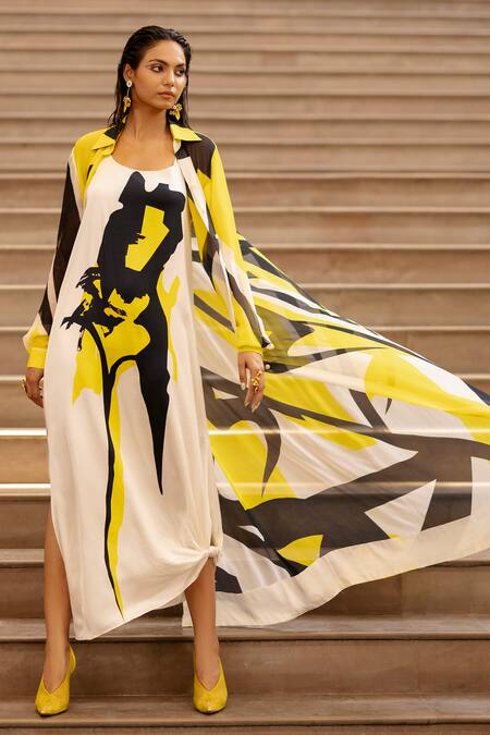 Buy AK-OK Cream Silk Collared Abstract Print Slip Dress With Jacket Online at Aza Fashions Buy_AK-OK_Cream Silk Collared Abstract Print Slip Dress With Jacket _Online_at_Aza_Fashions