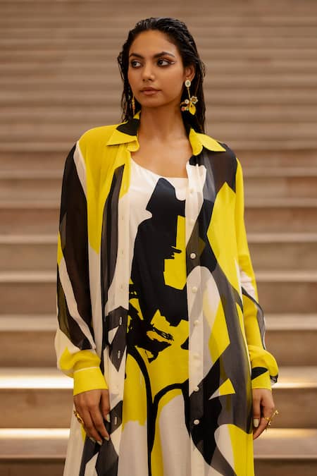 AK-OK Cream Silk Collared Abstract Print Slip Dress With Jacket at Aza Fashions AK-OK_Cream Silk Collared Abstract Print Slip Dress With Jacket _at_Aza_Fashions