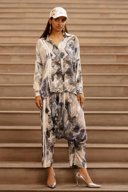 AK-OK Blue Silk Ink Bleed Print Shirt With Pant 