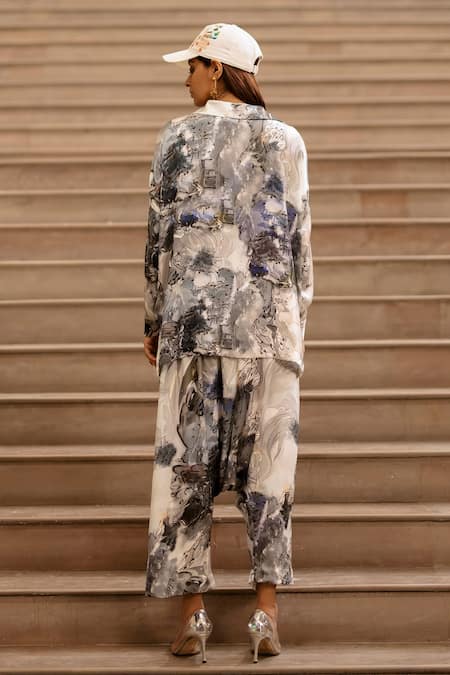 Shop AK-OK Blue Silk Collared Ink Bleed Print Shirt With Pant at Aza Fashions Shop_AK-OK_Blue Silk Collared Ink Bleed Print Shirt With Pant _at_Aza_Fashions