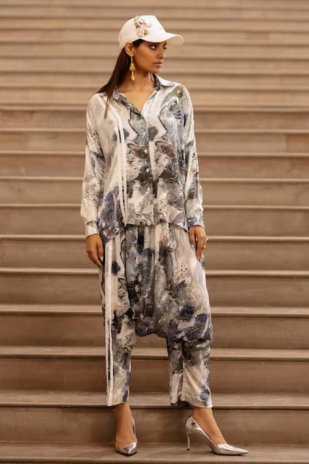 AK-OK Blue Silk Collared Ink Bleed Print Shirt With Pant Online at Aza Fashions AK-OK_Blue Silk Collared Ink Bleed Print Shirt With Pant _Online_at_Aza_Fashions