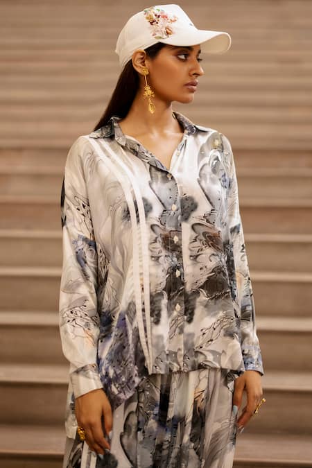 Buy AK-OK Blue Silk Collared Ink Bleed Print Shirt With Pant Online at Aza Fashions Buy_AK-OK_Blue Silk Collared Ink Bleed Print Shirt With Pant _Online_at_Aza_Fashions