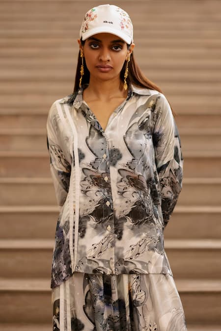 Shop AK-OK Blue Silk Collared Ink Bleed Print Shirt With Pant Online at Aza Fashions Shop_AK-OK_Blue Silk Collared Ink Bleed Print Shirt With Pant _Online_at_Aza_Fashions