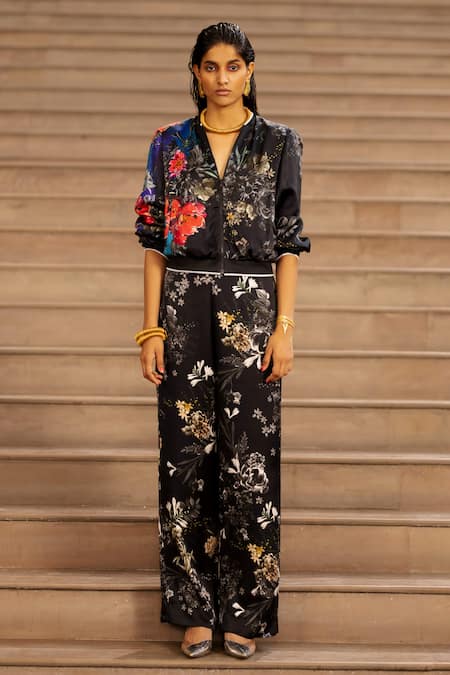 AK-OK Black Silk Embroidery Mandarin Collar Floral Print Bomber Jacket Online at Aza Fashions AK-OK_Black Silk Embroidery Mandarin Collar Floral Print Bomber Jacket _Online_at_Aza_Fashions