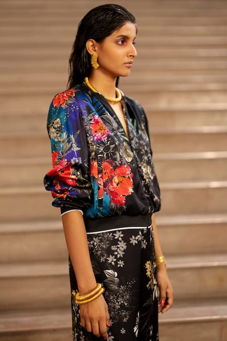 AK-OK Black Silk Embroidery Mandarin Collar Floral Print Bomber Jacket at Aza Fashions AK-OK_Black Silk Embroidery Mandarin Collar Floral Print Bomber Jacket _at_Aza_Fashions