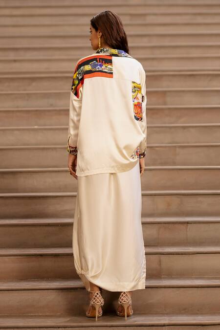 Shop AK-OK Cream Silk Collared Printed Shirt With Lungi Skirt at Aza Fashions Shop_AK-OK_Cream Silk Collared Printed Shirt With Lungi Skirt _at_Aza_Fashions