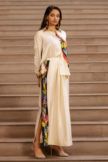 AK-OK Cream Silk Collared Printed Shirt With Lungi Skirt Online at Aza Fashions AK-OK_Cream Silk Collared Printed Shirt With Lungi Skirt _Online_at_Aza_Fashions