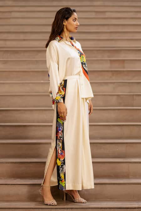 Buy AK-OK Cream Silk Collared Printed Shirt With Lungi Skirt Online at Aza Fashions Buy_AK-OK_Cream Silk Collared Printed Shirt With Lungi Skirt _Online_at_Aza_Fashions