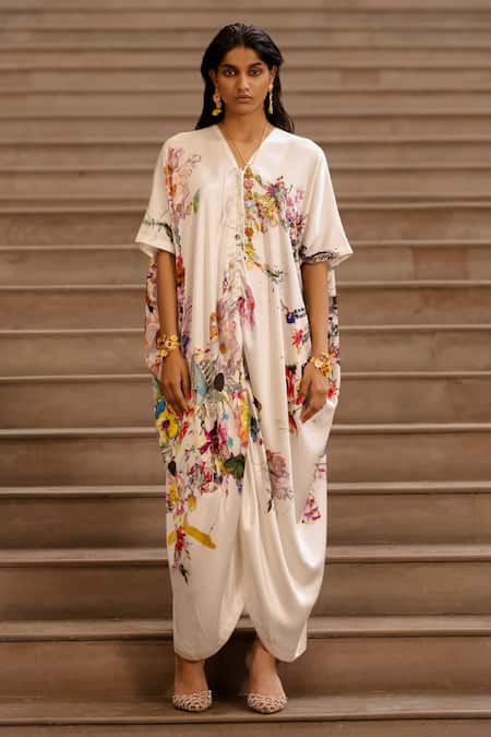 AK-OK_Cream Silk Embroidery V-neck Blossom Print Drawstring Kaftan _Online_at_Aza_Fashions