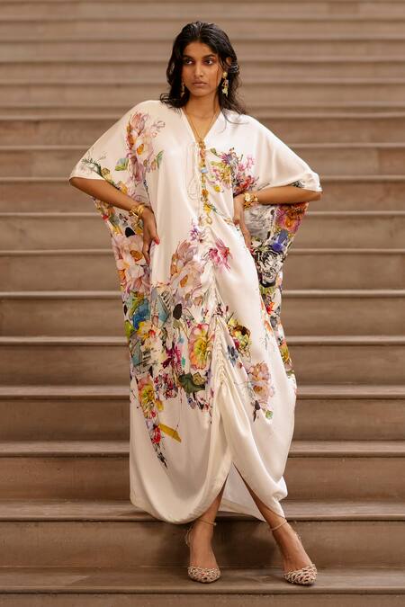 Shop_AK-OK_Cream Silk Embroidery V-neck Blossom Print Drawstring Kaftan _Online_at_Aza_Fashions