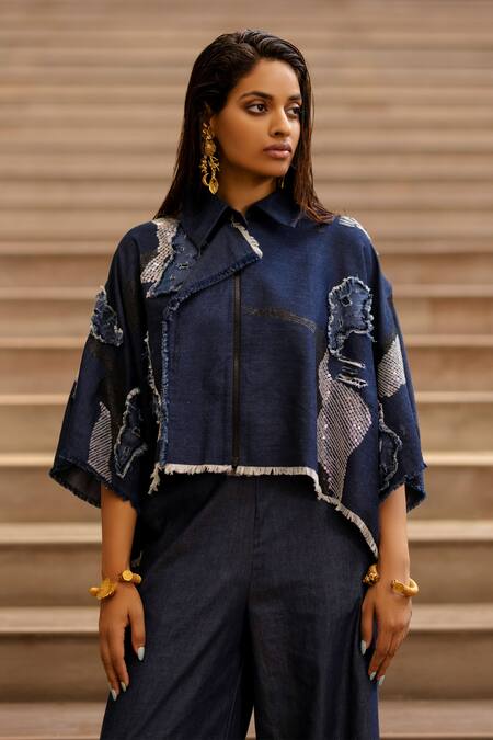 AK-OK_Blue Denim Sequins, Embroidery Collared Patchwork Jacket_Online_at_Aza_Fashions