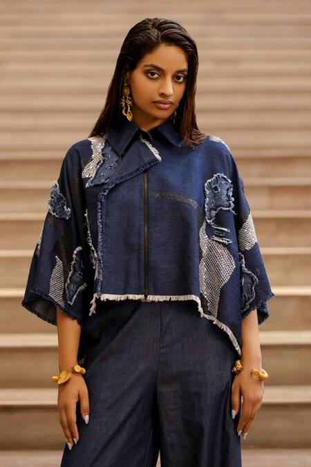 Buy_AK-OK_Blue Denim Sequins, Embroidery Collared Patchwork Jacket_Online_at_Aza_Fashions