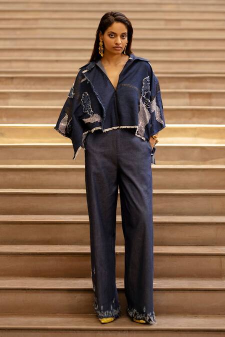 Shop_AK-OK_Blue Denim Sequins, Embroidery Collared Patchwork Jacket_Online_at_Aza_Fashions