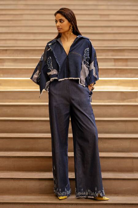 AK-OK_Blue Denim Sequins, Embroidery Collared Patchwork Jacket_at_Aza_Fashions