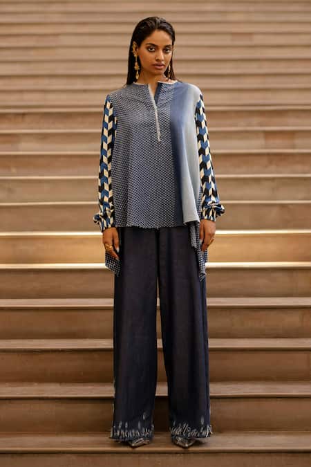 AK-OK_Blue Denim Tassels Open Neck Geometric Embroidered Top And Palazzo Set _Online_at_Aza_Fashions
