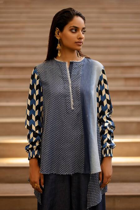 Buy_AK-OK_Blue Denim Tassels Open Neck Geometric Embroidered Top And Palazzo Set _Online_at_Aza_Fashions