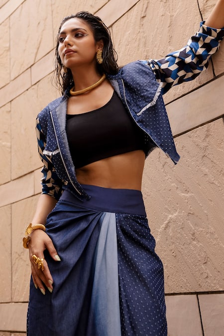 Denim crop jacket hot sale and skirt set