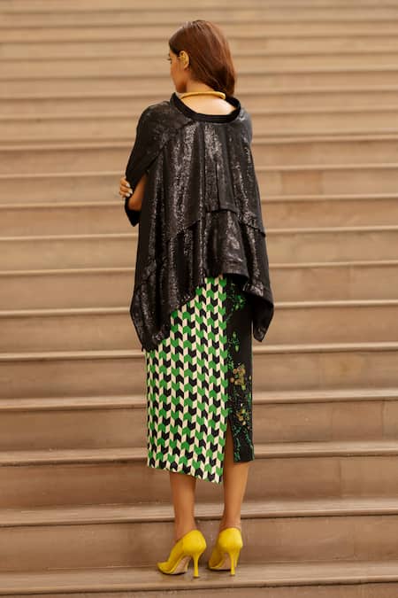 Shop AK-OK Black Cotton Sequins Geometric Print Straight Skirt at Aza Fashions Shop_AK-OK_Black Cotton Sequins Geometric Print Straight Skirt _at_Aza_Fashions