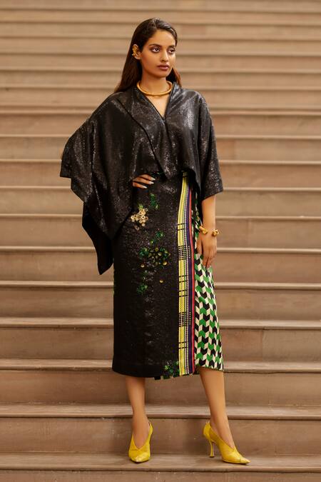 AK-OK Black Cotton Sequins Geometric Print Straight Skirt Online at Aza Fashions AK-OK_Black Cotton Sequins Geometric Print Straight Skirt _Online_at_Aza_Fashions