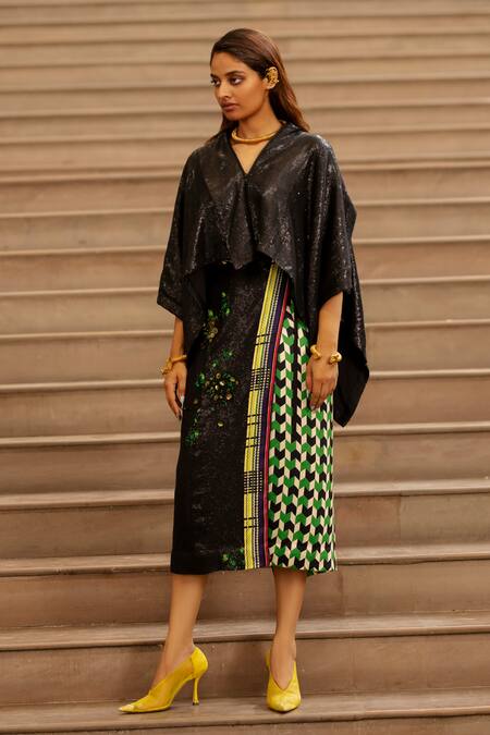 Shop AK-OK Black Cotton Sequins Geometric Print Straight Skirt Online at Aza Fashions Shop_AK-OK_Black Cotton Sequins Geometric Print Straight Skirt _Online_at_Aza_Fashions