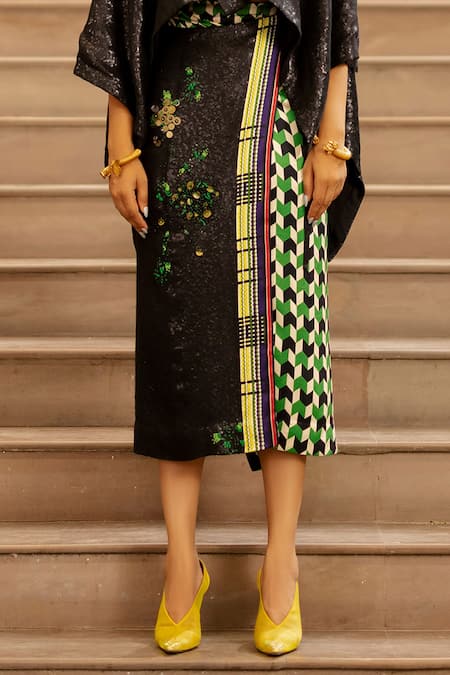 AK-OK Black Cotton Sequins Geometric Print Straight Skirt at Aza Fashions AK-OK_Black Cotton Sequins Geometric Print Straight Skirt _at_Aza_Fashions